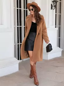 RELISH NOLESS Áo khoác nữ Nút đôi Túi màu trơn Thanh lịch - Lạc đà - Xem 3