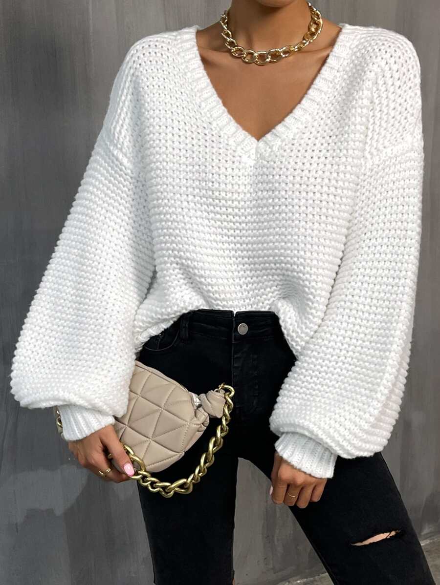SHEIN Essnce 素色V領燈籠袖套頭毛衣 - 白色 - 查看 1