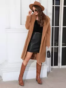 RELISH NOLESS Áo khoác nữ Nút đôi Túi màu trơn Thanh lịch - Lạc đà - Xem 5