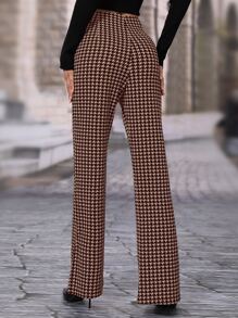 SHEIN Unity Houndstooth High Waisted Flare Leg Pants - Coffee Brown - View 2