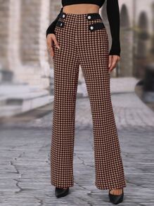 SHEIN Unity Houndstooth High Waisted Flare Leg Pants - Coffee Brown - View 3