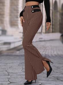 SHEIN Unity Houndstooth High Waisted Flare Leg Pants - Coffee Brown - View 4