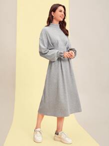 Mulvari Mock Neck Drop Shoulder Fold Pleated Dress