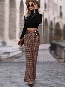 SHEIN Unity Houndstooth High Waisted Flare Leg Pants - Coffee Brown - View 6