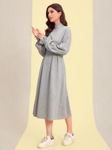 Mulvari Mock Neck Drop Shoulder Fold Pleated Dress