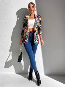 SHEIN Clasi 秋冬花卉印花披肩领前开襟西装外套