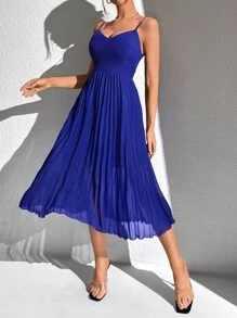 SHEIN Tall 素色百褶下擺吊帶連衣裙 - 寶藍色 - 查看 1