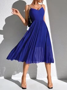 SHEIN Tall 素色百褶下擺吊帶連衣裙 - 寶藍色 - 查看 4