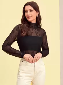 Seusyu Floral Pattern Mock Neck Open Knit Jumper Without Camisole - Black - View 1