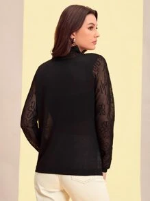 Seusyu Floral Pattern Mock Neck Open Knit Jumper Without Camisole - Black - View 2