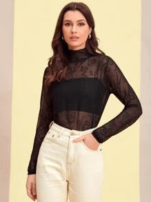 Seusyu Floral Pattern Mock Neck Open Knit Jumper Without Camisole - Black - View 3