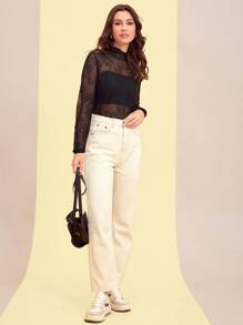 Seusyu Floral Pattern Mock Neck Open Knit Jumper Without Camisole - Black - View 4