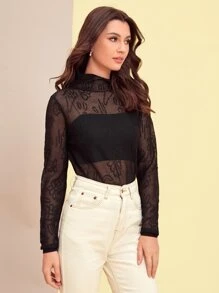 Seusyu Floral Pattern Mock Neck Open Knit Jumper Without Camisole - Black - View 5