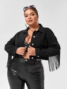 SHEIN BAE Áo Jacket Denim Plus Size Túi Nút phía trước mép màu trơn Giải trí - màu đen - Xem 1