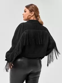 SHEIN BAE Áo Jacket Denim Plus Size Túi Nút phía trước mép màu trơn Giải trí - màu đen - Xem 2