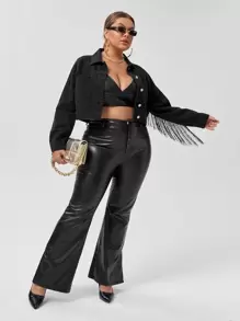 SHEIN BAE Áo Jacket Denim Plus Size Túi Nút phía trước mép màu trơn Giải trí - màu đen - Xem 4