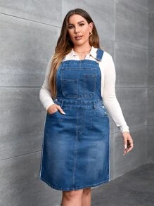 大碼斜口袋牛仔背帶裙不帶上衣 - 中等水洗藍 - 查看 1