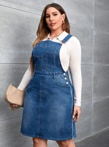 大碼斜口袋牛仔背帶裙不帶上衣 - 中等水洗藍 - 查看 4