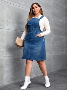 大碼斜口袋牛仔背帶裙不帶上衣 - 中等水洗藍 - 查看 5