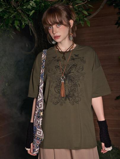 Fairycore T-shirt avec épaule dénudée à strass papillon, école