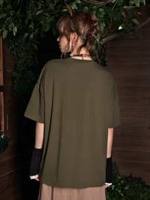 ROMWE Fairycore Butterfly Rhinestone Drop Shoulder Tee, School - Army Green - View 2