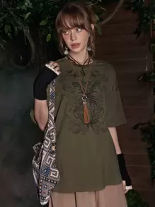 ROMWE Fairycore Butterfly Rhinestone Drop Shoulder Tee, School - Army Green - View 3