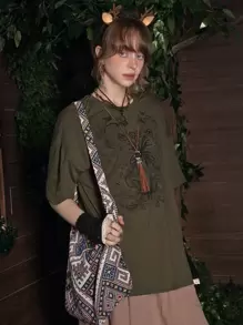 ROMWE Fairycore Butterfly Rhinestone Drop Shoulder Tee, School - Army Green - View 4