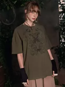 ROMWE Fairycore Butterfly Rhinestone Drop Shoulder Tee, School - Army Green - View 5