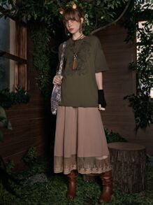 ROMWE Fairycore Butterfly Rhinestone Drop Shoulder Tee, School - Army Green - View 6