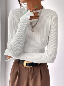 BizChic 女式纯色立领修身长袖基本款针织毛衣，适合秋冬季城市通勤、商务休闲、优雅外套 - 白色 - 查看 4