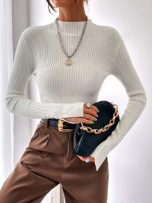 BizChic 女式纯色立领修身长袖基本款针织毛衣，适合秋冬季城市通勤、商务休闲、优雅外套 - 白色 - 查看 5