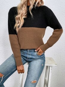 SHEIN LUNE 雙色小高領落肩袖套頭毛衣 - 咖啡棕 - 查看 6