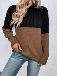 SHEIN LUNE 雙色小高領落肩袖套頭毛衣 - 咖啡棕 - 查看 5