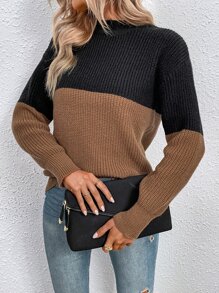 SHEIN LUNE 雙色小高領落肩袖套頭毛衣 - 咖啡棕 - 查看 3