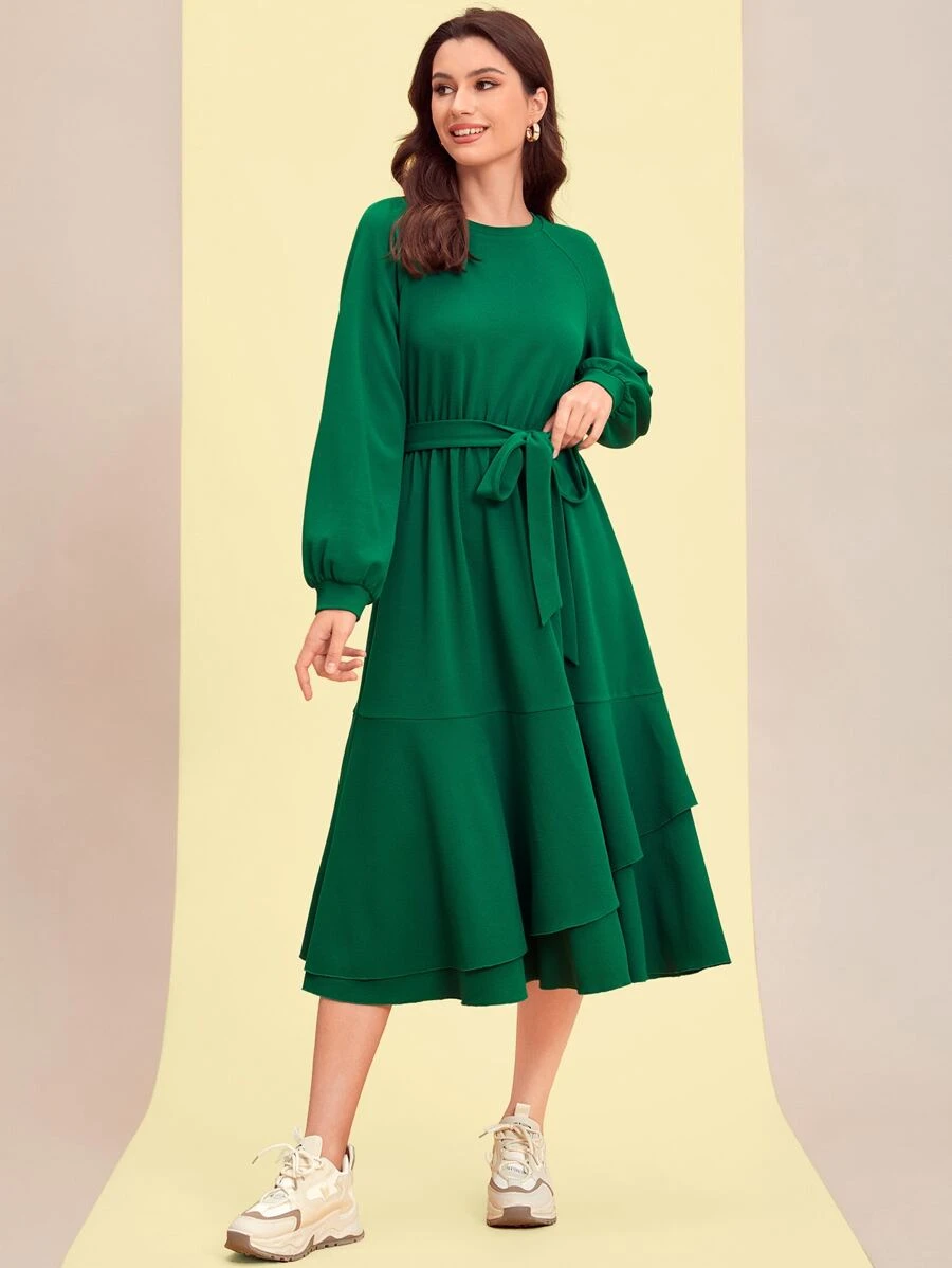 Mulvari Lantern Sleeve Ruffle Hem Belted Dress - Green - View 1