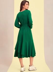 Mulvari Lantern Sleeve Ruffle Hem Belted Dress - Green - View 2