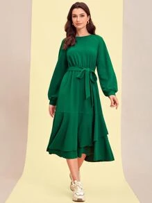 Mulvari Lantern Sleeve Ruffle Hem Belted Dress - Green - View 3