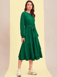 Mulvari Lantern Sleeve Ruffle Hem Belted Dress - Green - View 5