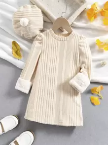 SHEIN Young Girl Contrast Cuff Puff Sleeve Tee Dress With Hat - Apricot - View 1