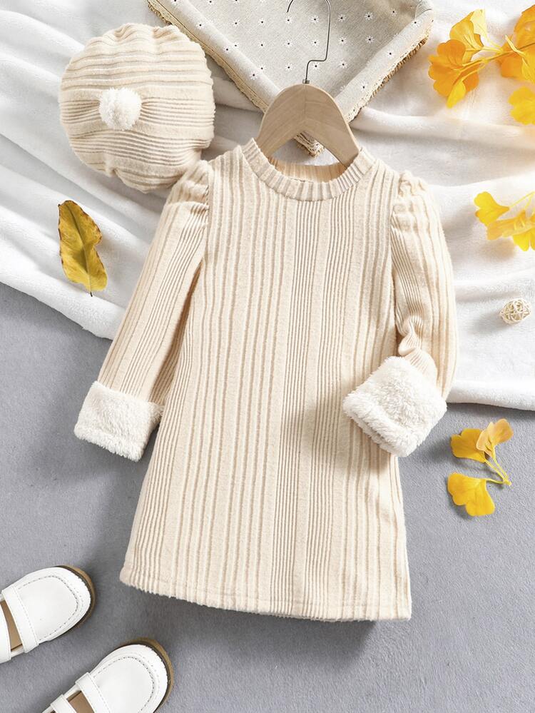 SHEIN 年輕女孩對比色立領泡泡袖t恤裙,附帽子 - 杏色 - 查看 1