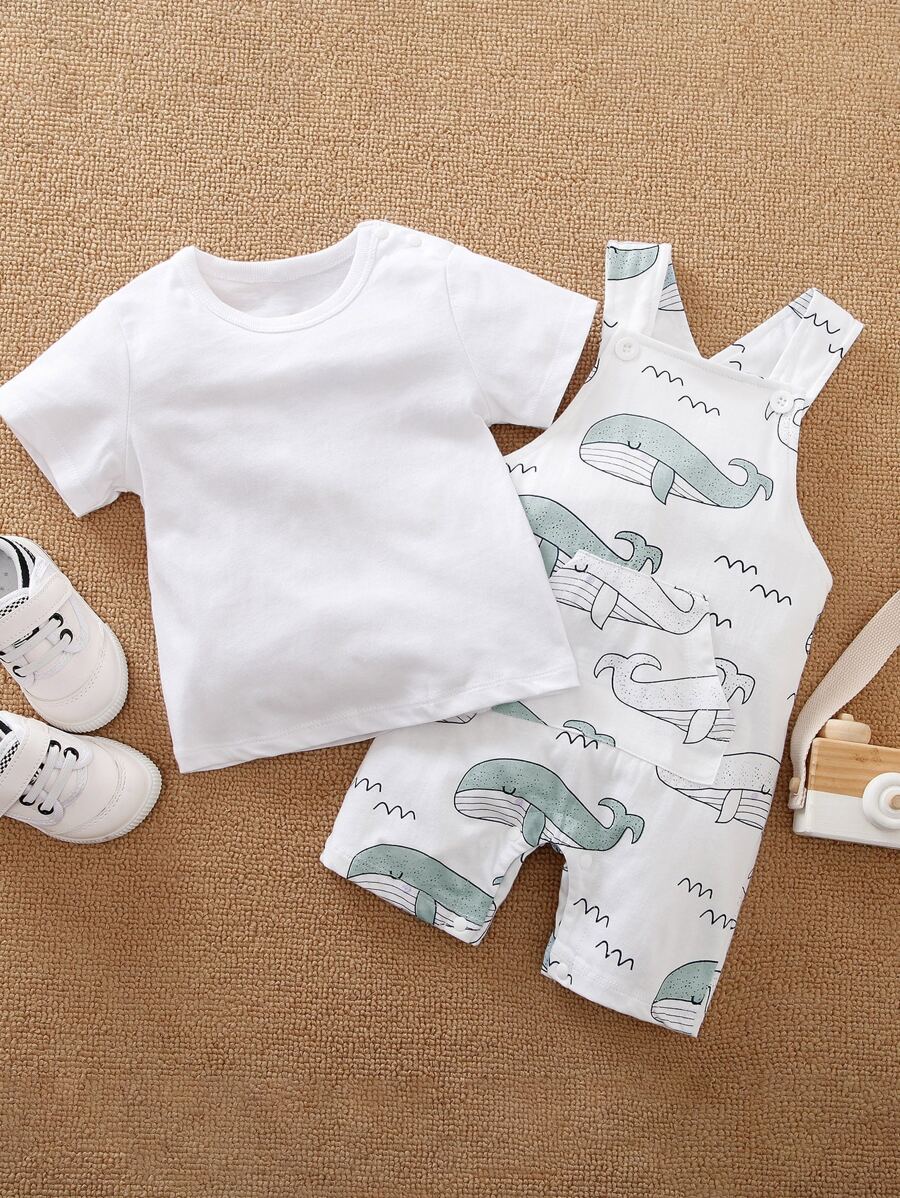 Yierying 嬰兒卡通動物圖案背帶褲和上衣套裝 - 白色 - 查看 1