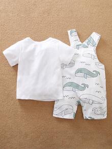 Yierying 嬰兒卡通動物圖案背帶褲和上衣套裝 - 白色 - 查看 2