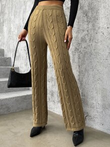 High Waist Cable Knit Trousers - Khaki - View 1