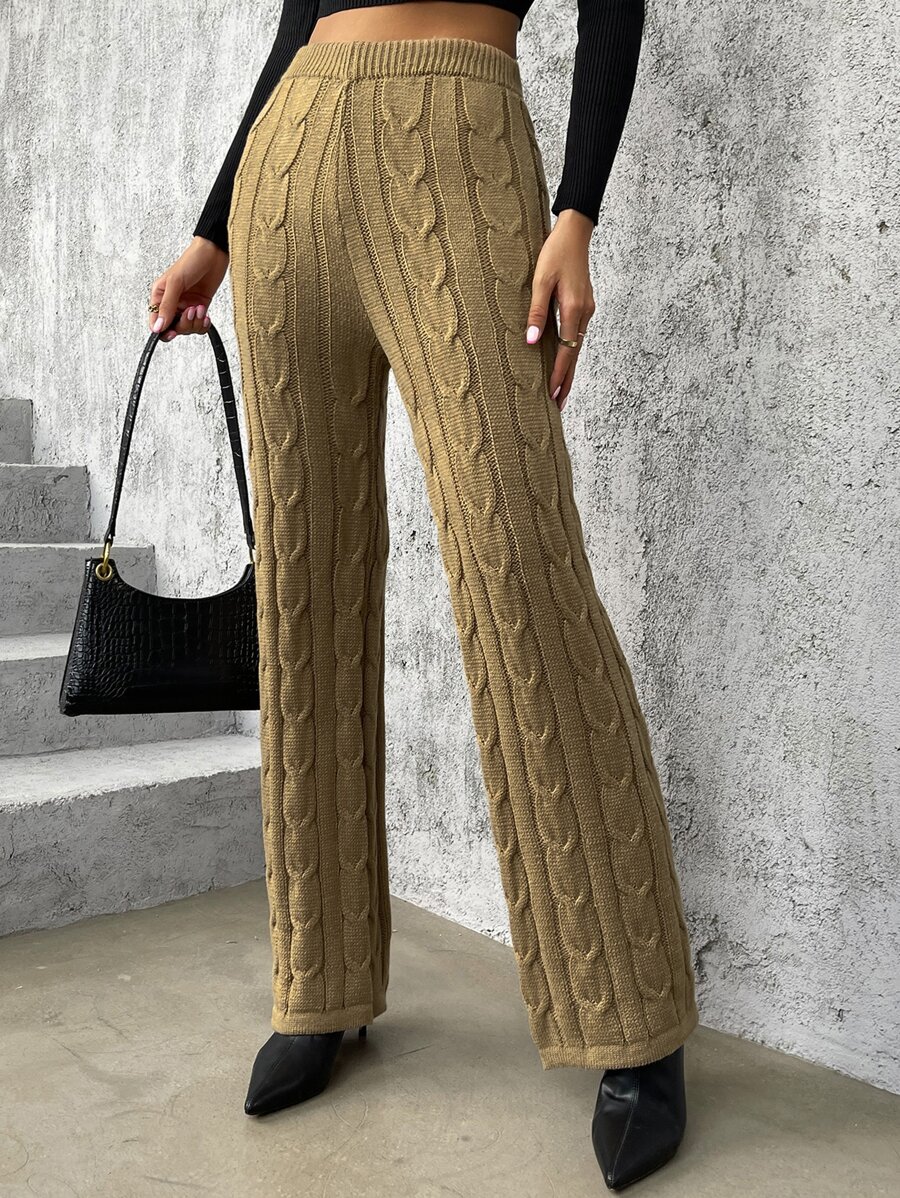 High Waist Cable Knit Trousers - Khaki - View 1
