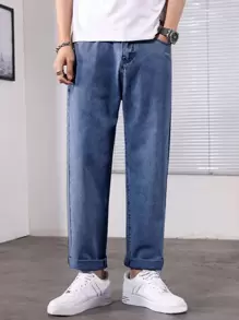 男式休闲石洗锥形牛仔裤 - 中等水洗藍 - 查看 3