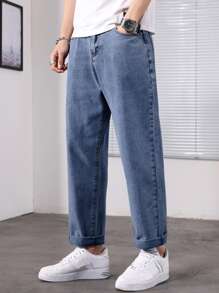 男式休闲石洗锥形牛仔裤 - 中等水洗藍 - 查看 4