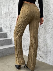 High Waist Cable Knit Trousers - Khaki - View 2