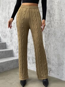 High Waist Cable Knit Trousers - Khaki - View 3