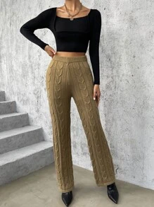 High Waist Cable Knit Trousers - Khaki - View 4