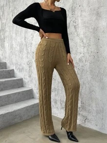 High Waist Cable Knit Trousers - Khaki - View 5